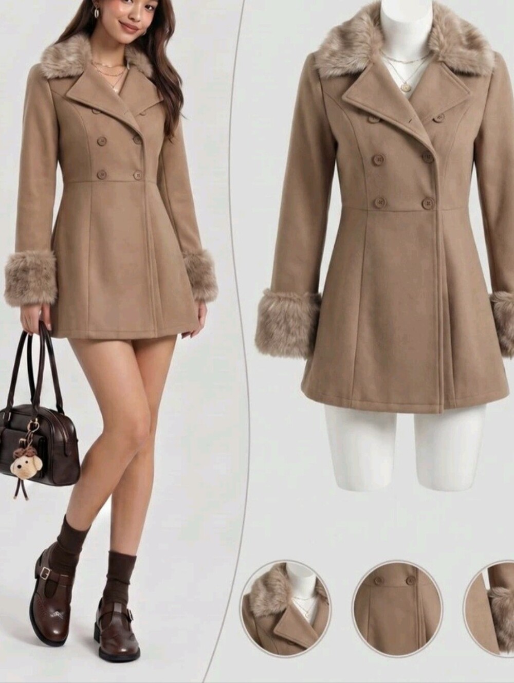 Casual Fashion Vintage Brown Patchwork Faux Fur Overcoat, Slim Fit - Picture 3 of 6